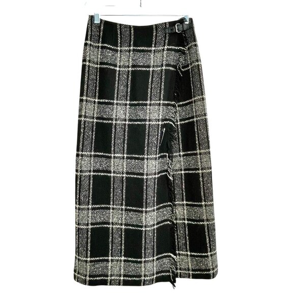 Vintage Talbots Petites Black White Plaid Wool Wrap Fringed Maxi Skirt Size 2P - Picture 1 of 13